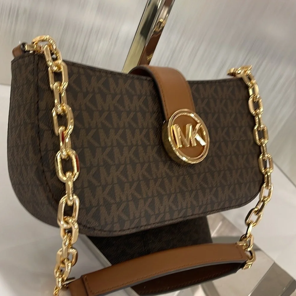 MICHAEL KORS Carmen Small Shoulder Bag Brown Signature  NWT